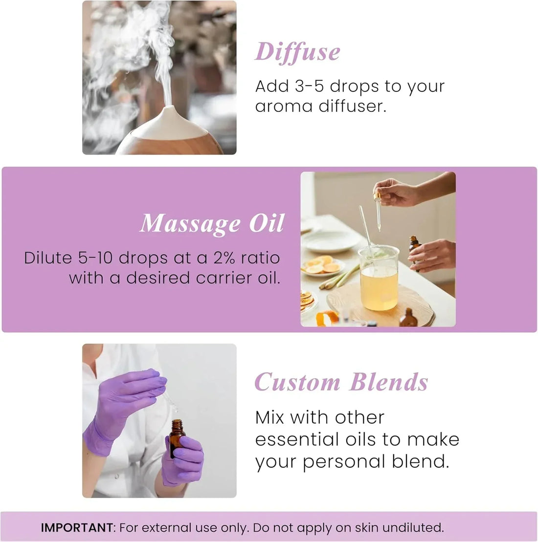 Essential oil usage guide showing diffuser, massage oil with carrier oil, and custom blending steps.