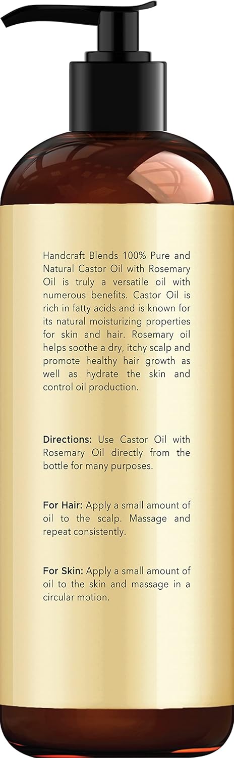 Handcraft Blends Castor Oil with Rosemary Oil - 8 Fl Oz - 100% Pure and Natural - Premium Grade Carrier Oil for Hair Growth, Eyelashes and Eyebrows, Hair & Body