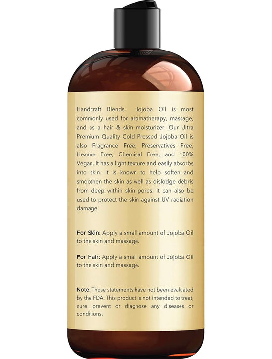 Handcraft Blends Jojoba Oil - Cold-Pressed 16 Fl Oz - 100% Pure and Natural - Premium Grade Carrier Oil for Skin and Hair - Hair and Body - Massage - Hexane-Free