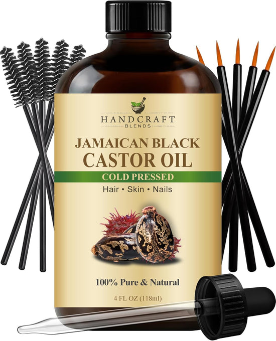 Handcraft Cold-Pressed Jamaican Black Castor Oil 4 Fl Oz  in Glass Bottle with Lash Brushes