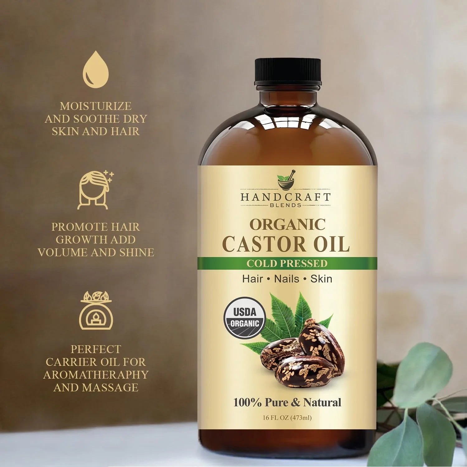 Organic Castor Oil cold pressed in glass bottle
