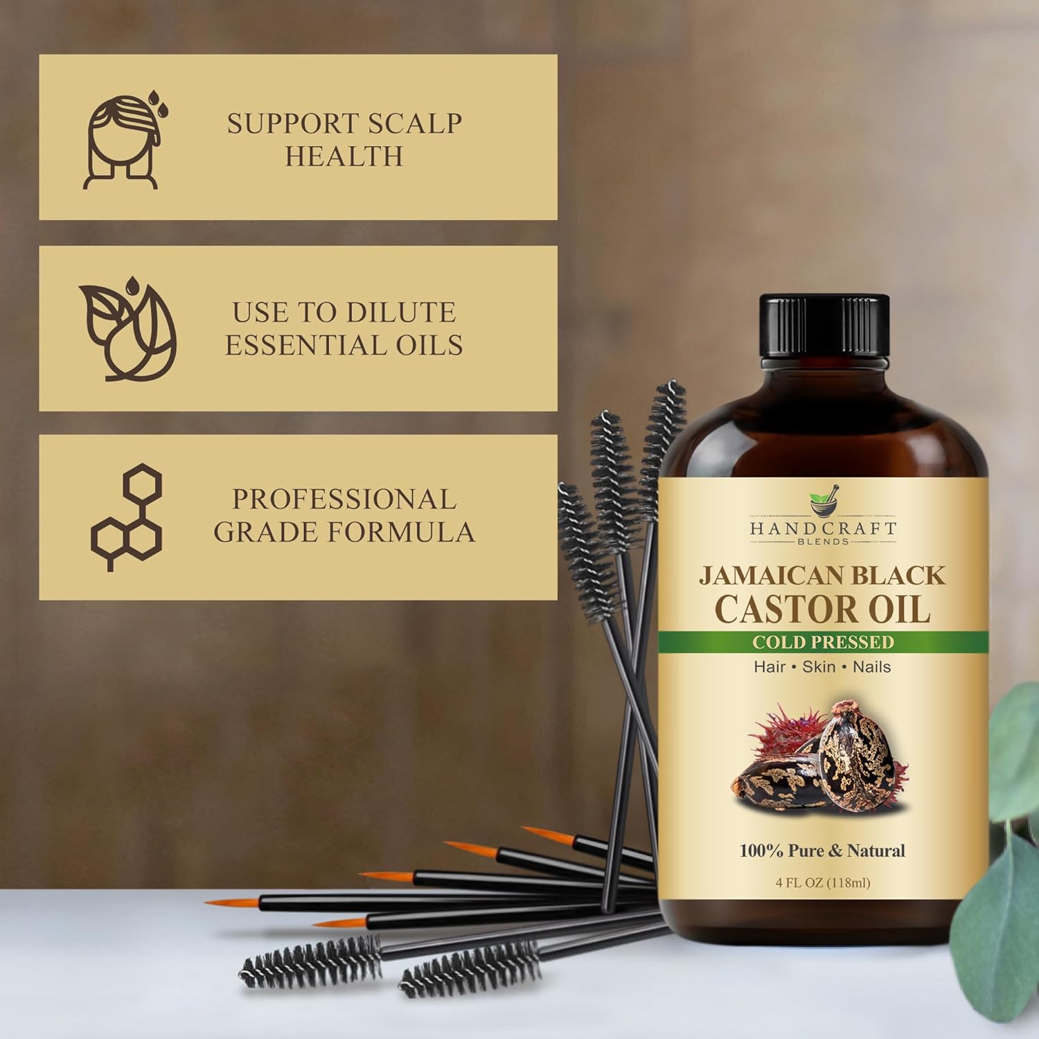 Jamaican Black Castor Carrier Oil in Glass Bottle with Lash Brushes