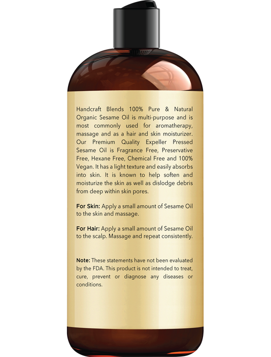 Handcraft Blends Organic Sesame Oil - 16 Fl Oz - 100% Pure and Natural - Premium Grade Carrier Oil for Skin and Hair - Hair and Body - Massage - Expeller-Pressed and Hexane-Free