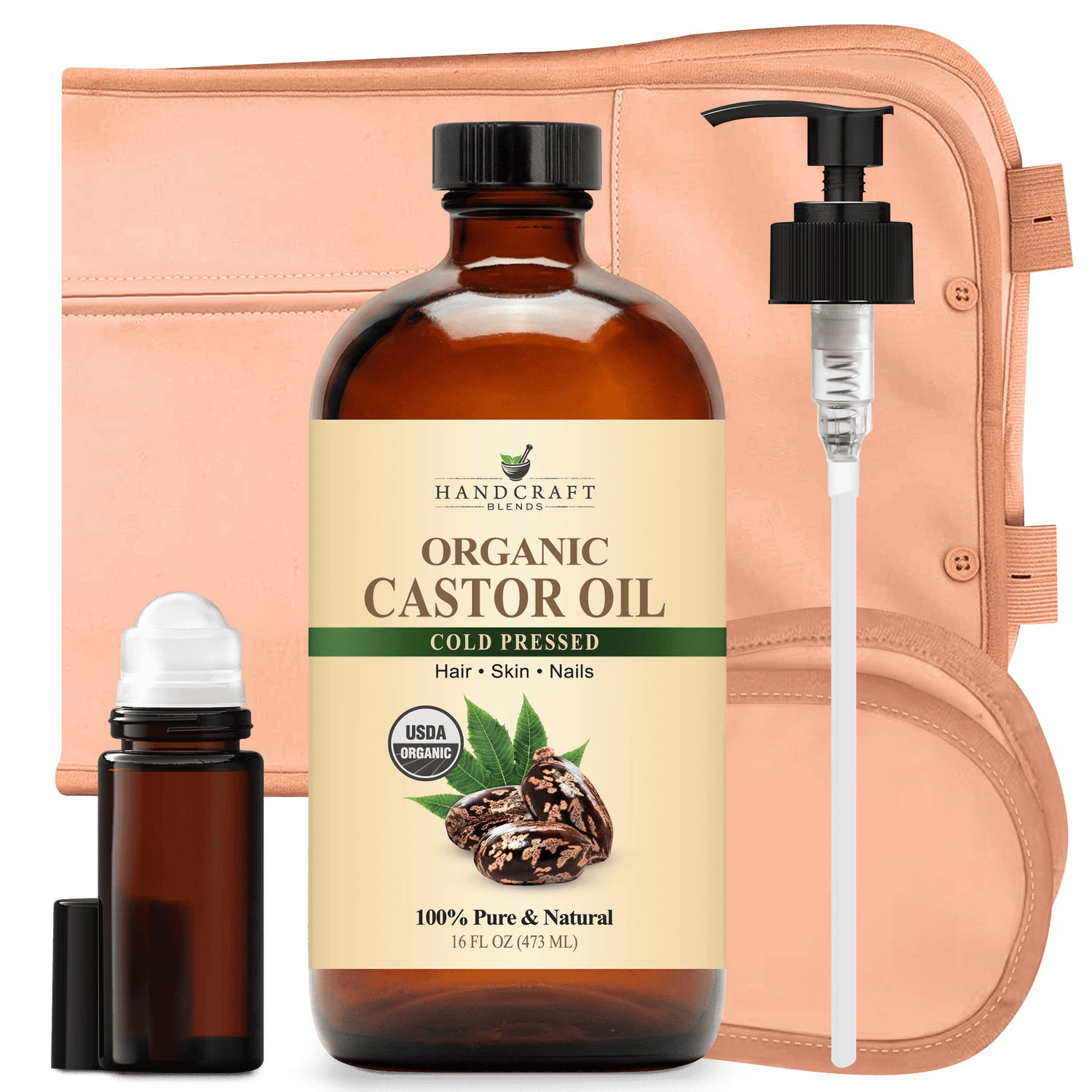 Organic castor oil bottle with pump, roll-on bottle, and beige wrap for hair, skin, nails.