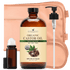 Organic castor oil bottle with pump, roll-on bottle, and beige wrap for hair, skin, nails.