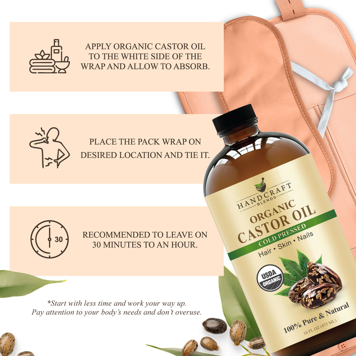 Organic castor oil bottle with castor seeds, pack wrap, and usage instructions for skin and hair care.