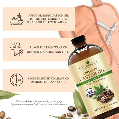 Organic castor oil bottle with castor seeds, pack wrap, and usage instructions for skin and hair care.
