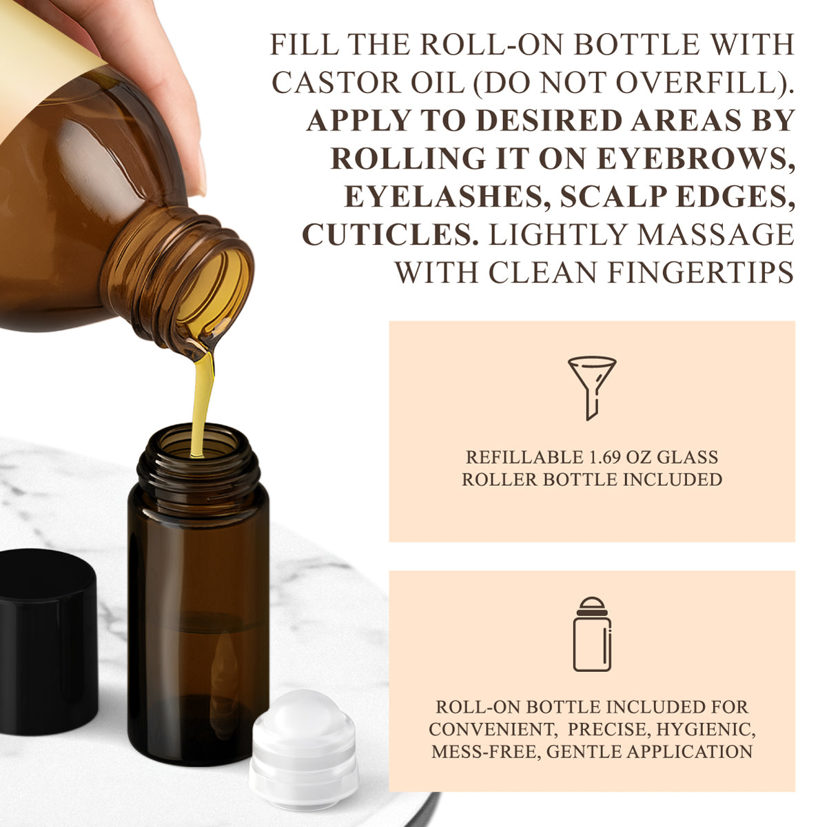 Brown bottle pouring castor oil into a refillable roll-on bottle on a marble surface