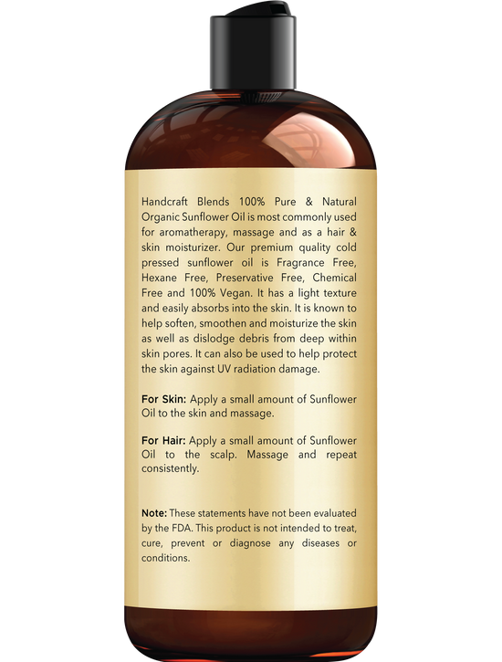 Handcraft Blends USDA Organic Sunflower Oil - Cold-Pressed 16 Fl Oz - 100% Pure and Natural - Premium Grade Carrier Oil for Skin and Hair - Hair and Body - Massage - Hexane-Free
