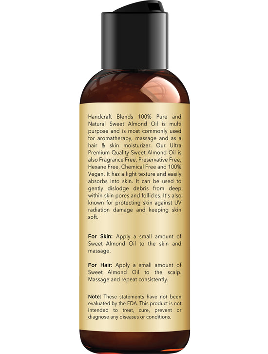 Handcraft Blends Sweet Almond Oil, 4 Fl Oz, 100% Pure and Natural | Hexane-Free | For Skin and Hair | Massage Oil | Premium Grade Carrier Oil