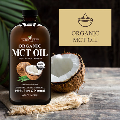 Organic MCT oil bottle with coconut on rustic table, keto vegan dietary supplement