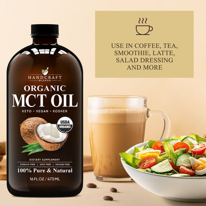Organic MCT oil bottle with coffee and salad, ideal for keto cooking and healthy recipes