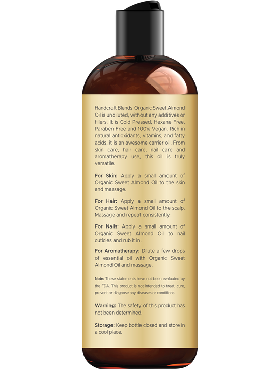Handcraft Blends Organic Almond Oil - 8 Fl Oz - 100% Pure and Natural - Premium Grade Oil for Skin and Hair - Carrier Oil - Hair and Body Oil - Massage Oil - Hexane-Free