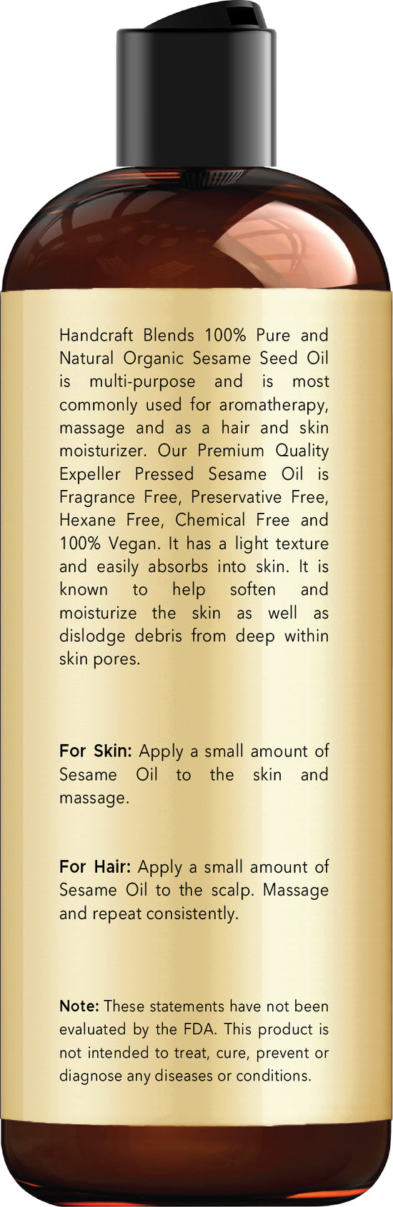 Handcraft Blends Organic Sesame Oil - 8 Fl Oz - 100% Pure and Natural - Premium Grade Carrier Oil for Skin and Hair - Hair and Body - Massage - Expeller-Pressed and Hexane-Free