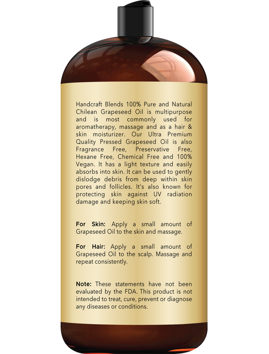 Handcraft Blends Grapeseed Oil - Cold-Pressed 28 Fl Oz - 100% Pure and Natural - Premium Grade Carrier Oil for Skin and Hair - Hair and Body - Massage - Hexane-Free
