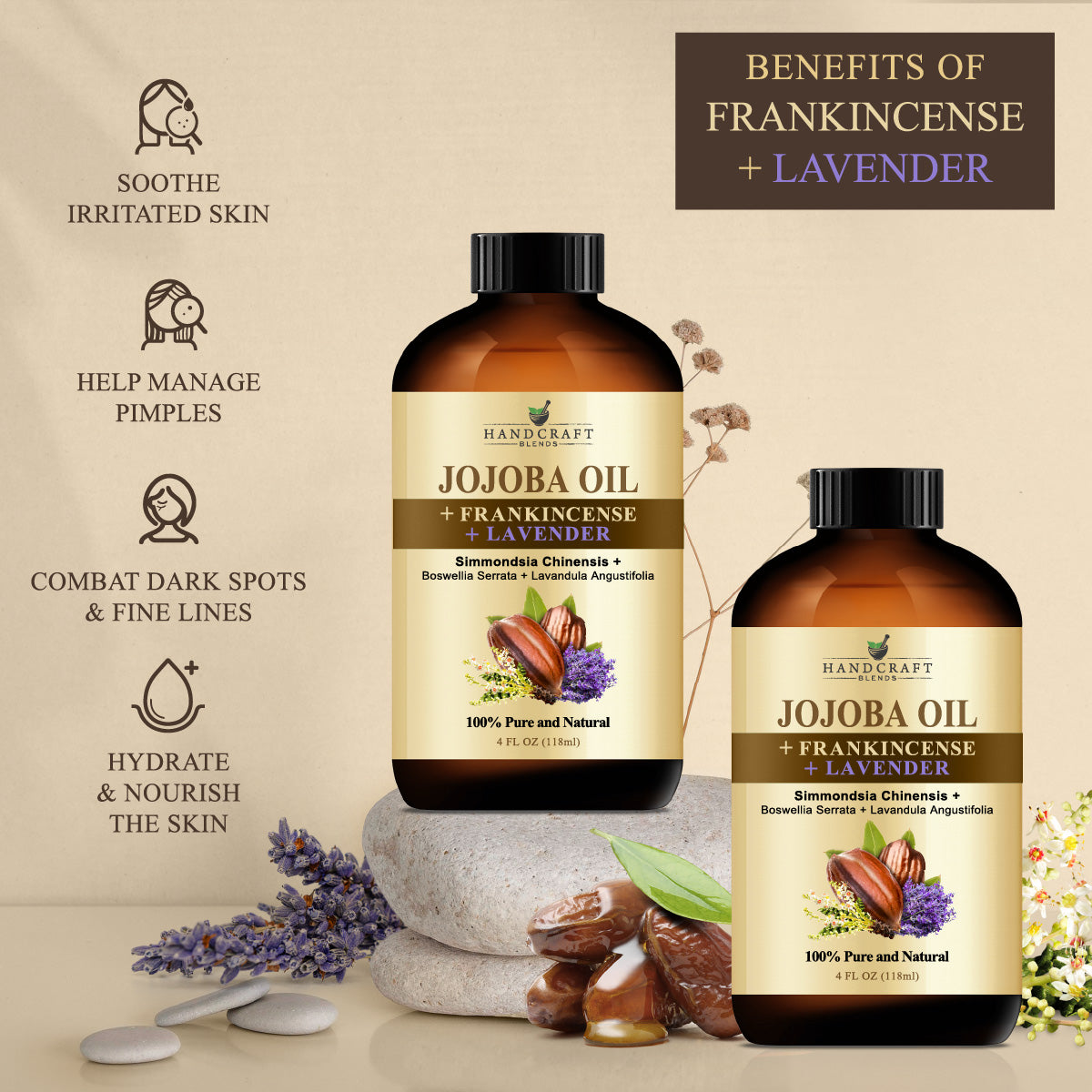 Handcraft Blends Jojoba Oil with Frankincense Oil and Lavender Oil for Skin, Face, and Hair - Deeply Moisturizing for Skin - Massage Oil for