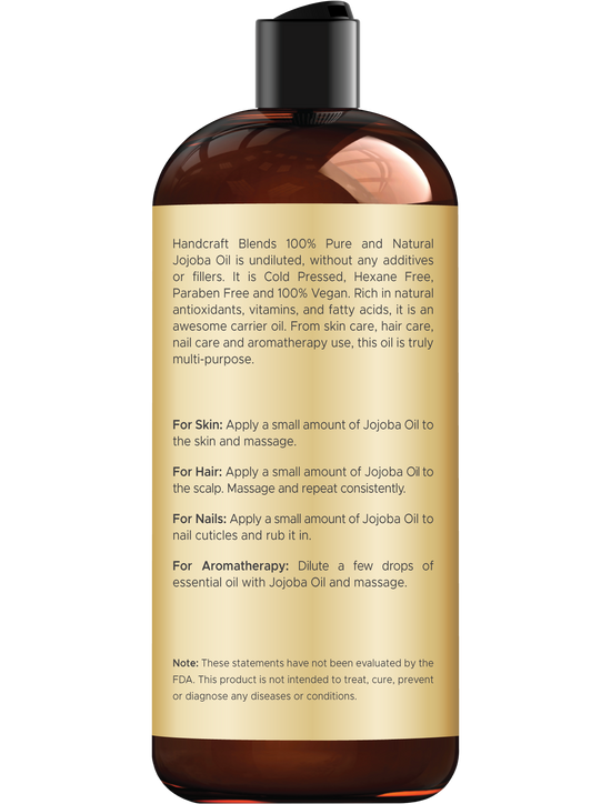 Handcraft Blends Jojoba Oil - Cold-Pressed 16 Fl Oz - 100% Pure and Natural Premium Grade Carrier Oil for Skin and Hair - Body Massage - Hexane-Free