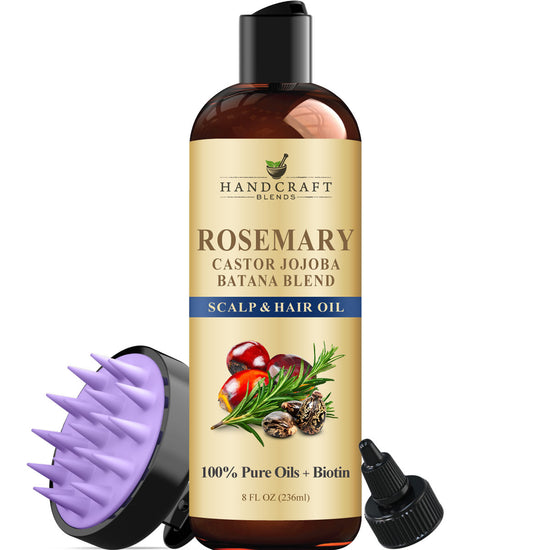 Handcraft Blends Rosemary Oil with Castor, Jojoba, Batana and Biotin, with a Scalp Scrubber, 100% Pure & Natural - 8 Fl. Oz