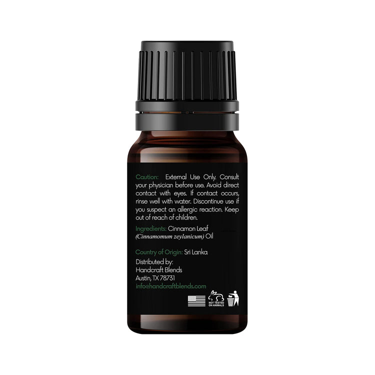 cinnamon leaf essential oil back of the bottle with ingredients and caution